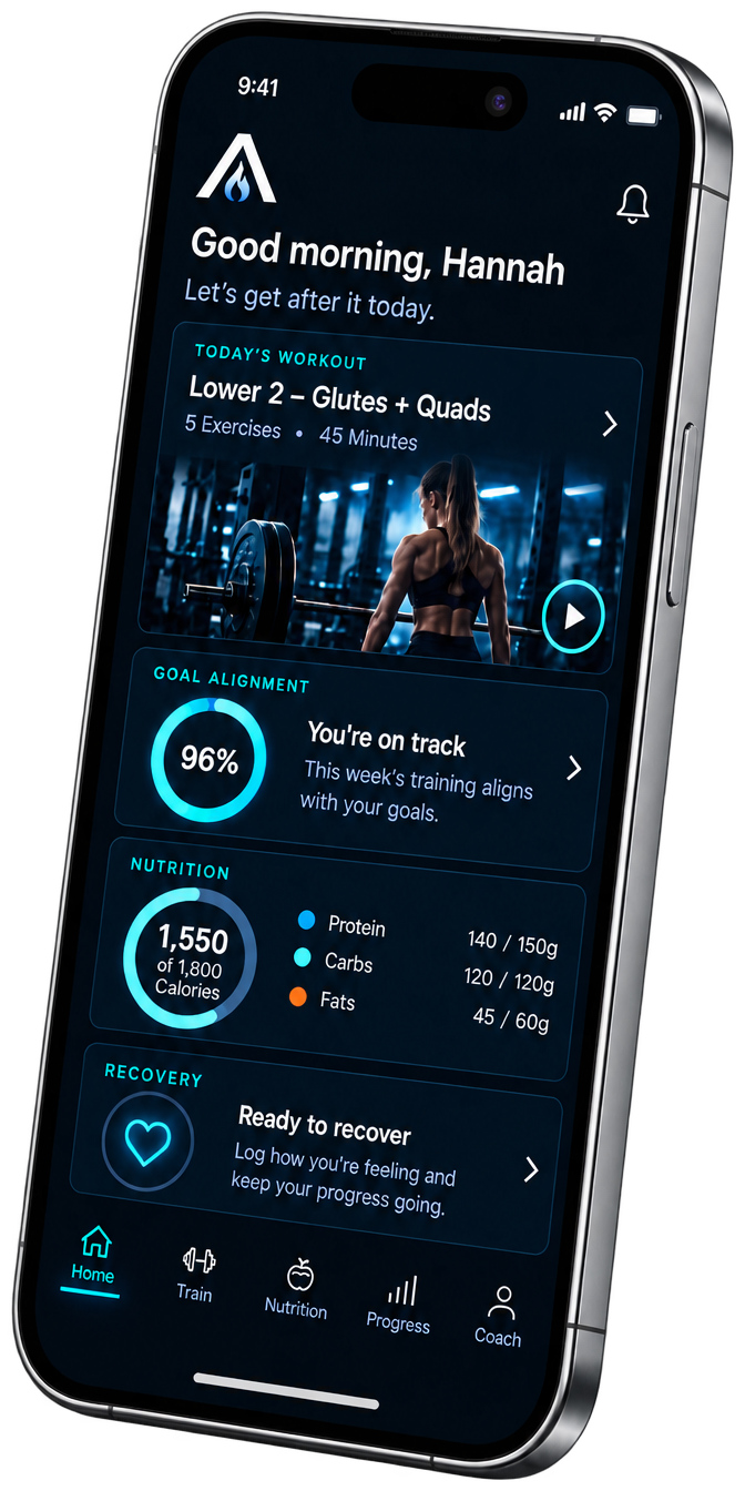 ALIGN app home screen showing today's workout, goal alignment, nutrition and recovery